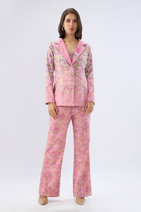Shop_Raw & Rustic By Niti Bothra_Pink Linen, Cotton Sweetheart Neck Floral Print Blazer Set _Online_at_Aza_Fashions