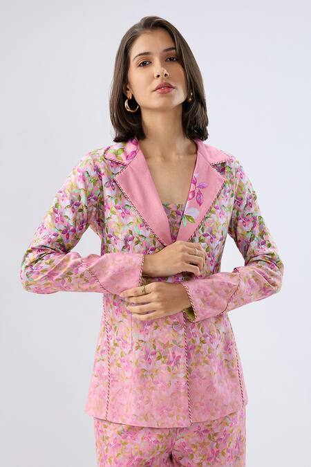 Raw & Rustic By Niti Bothra_Pink Linen, Cotton Sweetheart Neck Floral Print Blazer Set _at_Aza_Fashions