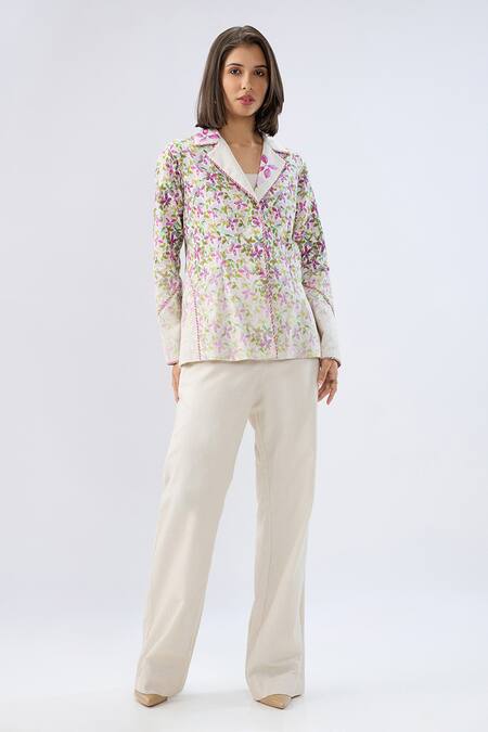 Raw & Rustic By Niti Bothra_Ivory Linen, Cotton Bandeau Neck Floral Print Blazer Set _Online_at_Aza_Fashions