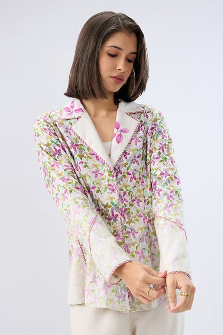 Buy_Raw & Rustic By Niti Bothra_Ivory Linen, Cotton Bandeau Neck Floral Print Blazer Set _Online_at_Aza_Fashions