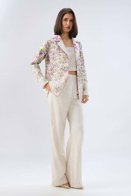Shop_Raw & Rustic By Niti Bothra_Ivory Linen, Cotton Bandeau Neck Floral Print Blazer Set _Online_at_Aza_Fashions