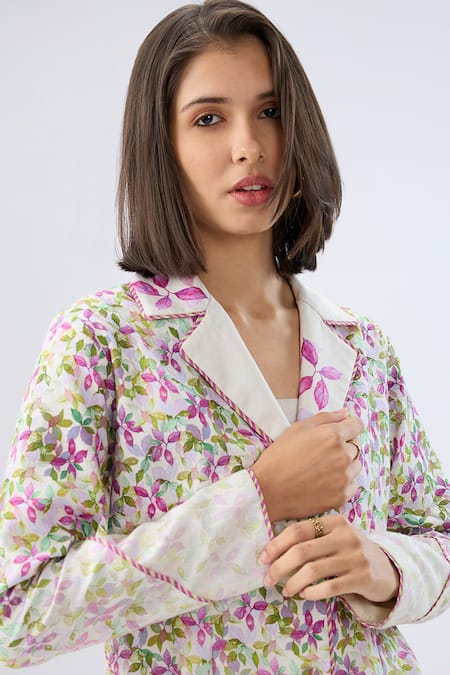 Raw & Rustic By Niti Bothra_Ivory Linen, Cotton Bandeau Neck Floral Print Blazer Set _at_Aza_Fashions