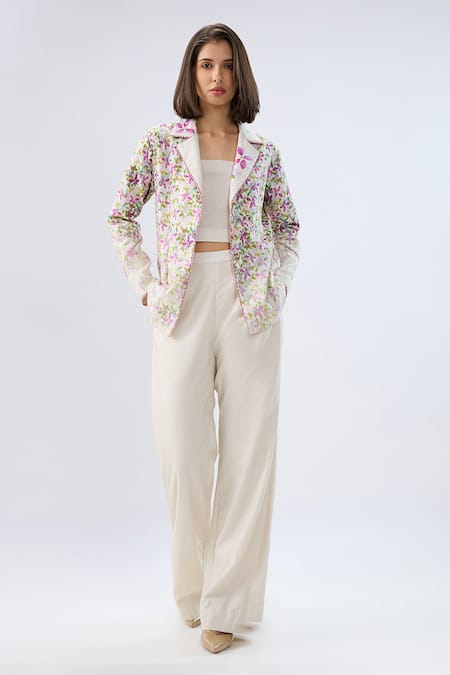 Buy_Raw & Rustic By Niti Bothra_Ivory Linen, Cotton Bandeau Neck Floral Print Blazer Set 