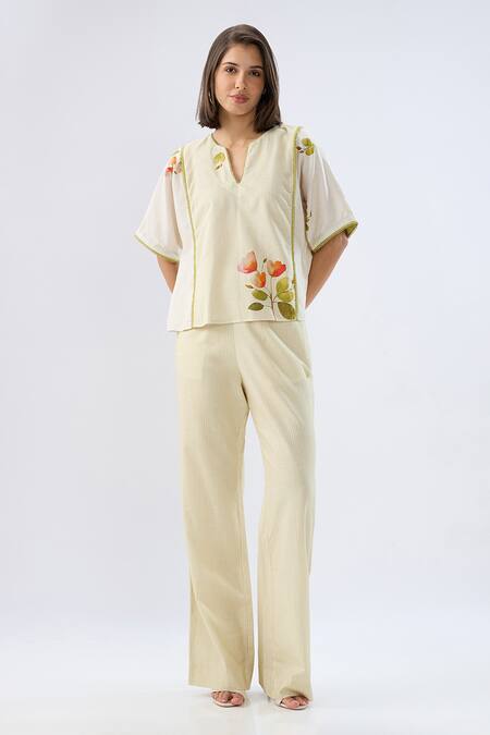 Raw & Rustic By Niti Bothra_Ivory Linen, Cotton Piping Split V-neck Green Striped Floral Print Top With Pant _Online_at_Aza_Fashions