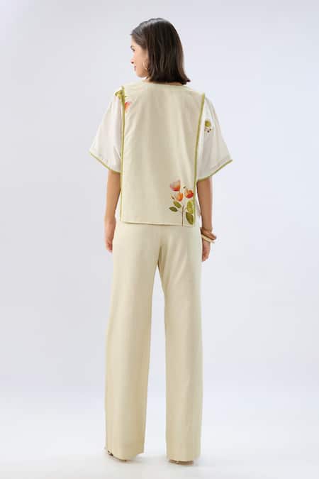 Raw & Rustic By Niti Bothra Green Striped Floral Print Top With Pant 