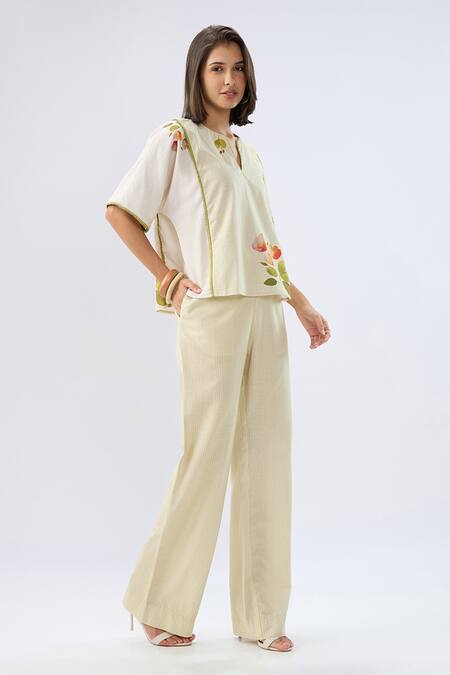Buy_Raw & Rustic By Niti Bothra_Ivory Linen, Cotton Piping Split V-neck Green Striped Floral Print Top With Pant _Online_at_Aza_Fashions