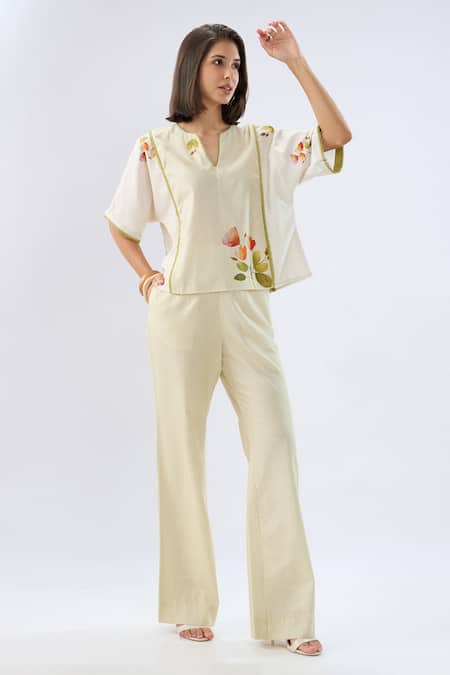 Raw & Rustic By Niti Bothra Green Striped Floral Print Top With Pant 