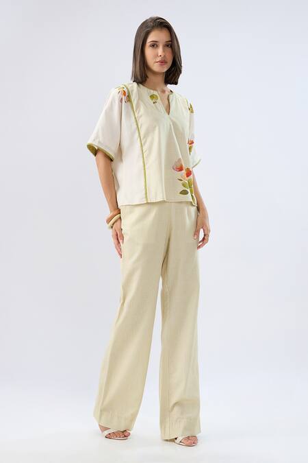 Shop_Raw & Rustic By Niti Bothra_Ivory Linen, Cotton Piping Split V-neck Green Striped Floral Print Top With Pant _Online_at_Aza_Fashions