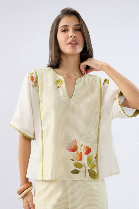 Raw & Rustic By Niti Bothra_Ivory Linen, Cotton Piping Split V-neck Green Striped Floral Print Top With Pant _at_Aza_Fashions
