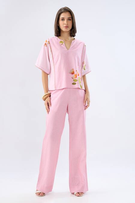 Raw & Rustic By Niti Bothra_Pink Linen, Cotton Piping Split V-neck Striped Floral Print Top And Pant Set _Online_at_Aza_Fashions