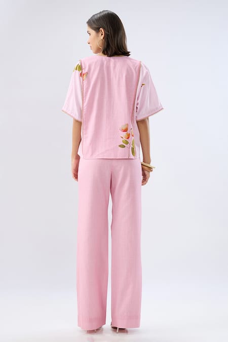 Raw & Rustic By Niti Bothra Pink Striped Floral Print Top & Pant Set 