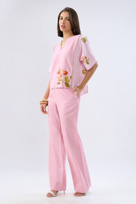 Buy_Raw & Rustic By Niti Bothra_Pink Linen, Cotton Piping Split V-neck Striped Floral Print Top And Pant Set _Online_at_Aza_Fashions