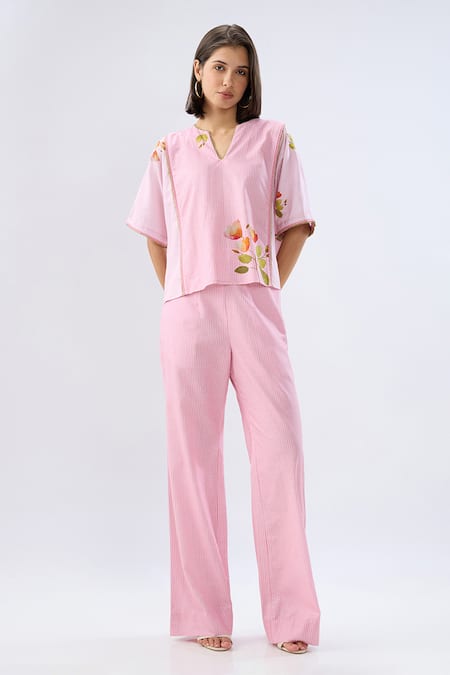 Raw & Rustic By Niti Bothra Pink Striped Floral Print Top & Pant Set 