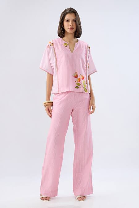 Shop_Raw & Rustic By Niti Bothra_Pink Linen, Cotton Piping Split V-neck Striped Floral Print Top And Pant Set _Online_at_Aza_Fashions