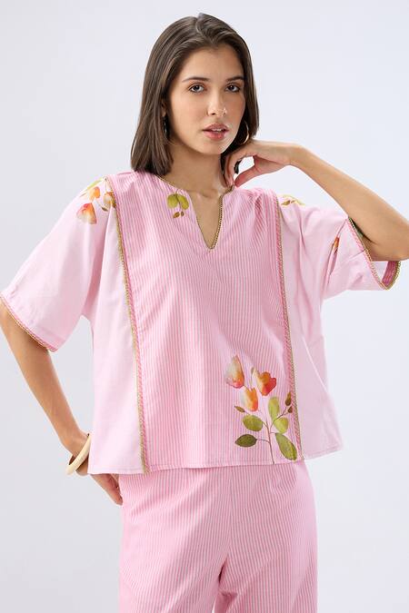 Raw & Rustic By Niti Bothra_Pink Linen, Cotton Piping Split V-neck Striped Floral Print Top And Pant Set _at_Aza_Fashions