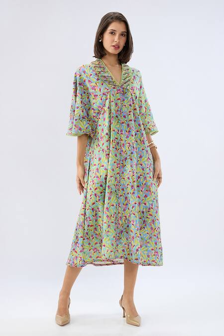 Buy_Raw & Rustic By Niti Bothra_Blue Linen, Cotton Embroidery, Beads V-neck Floral Print Kaftan Dress _Online_at_Aza_Fashions