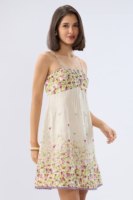 Raw & Rustic By Niti Bothra_Ivory Linen, Cotton Embroidery Square Neck Pintuck Floral Print Dress _Online_at_Aza_Fashions