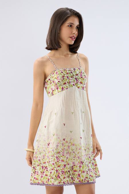 Buy_Raw & Rustic By Niti Bothra_Ivory Linen, Cotton Embroidery Square Neck Pintuck Floral Print Dress _Online_at_Aza_Fashions