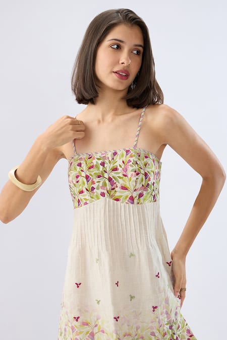 Shop_Raw & Rustic By Niti Bothra_Ivory Linen, Cotton Embroidery Square Neck Pintuck Floral Print Dress _Online_at_Aza_Fashions