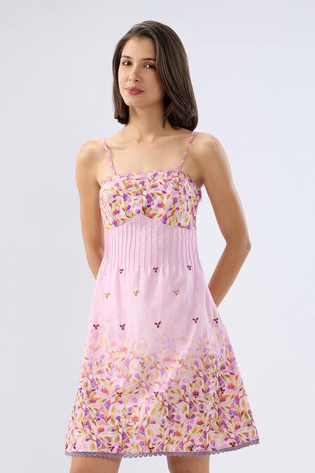 Raw & Rustic By Niti Bothra_Pink Linen, Cotton Embroidery Square Neck Pintuck Floral Print Dress _at_Aza_Fashions