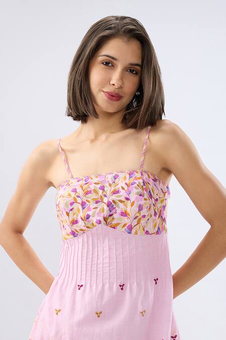Buy_Raw & Rustic By Niti Bothra_Pink Linen, Cotton Embroidery Square Neck Pintuck Floral Print Dress 