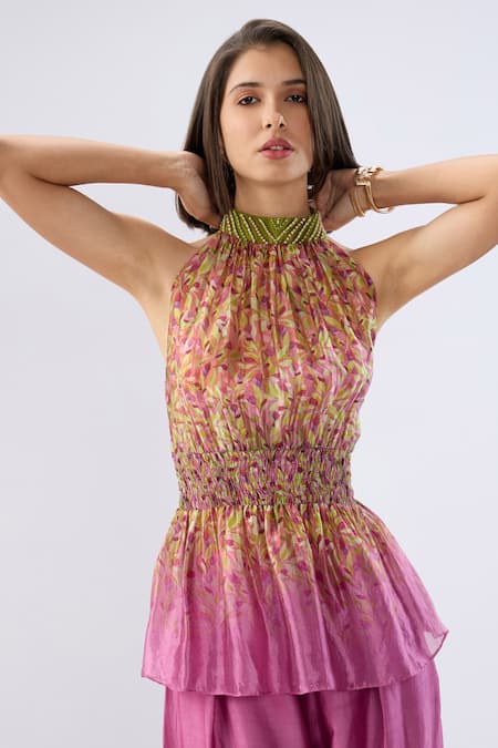 Raw & Rustic By Niti Bothra_Pink Organza, Tencel, Silk Beads, Floral Print Peplum Top And Flared Pant Set _Online_at_Aza_Fashions