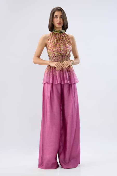 Shop_Raw & Rustic By Niti Bothra_Pink Organza, Tencel, Silk Beads, Floral Print Peplum Top And Flared Pant Set _Online_at_Aza_Fashions