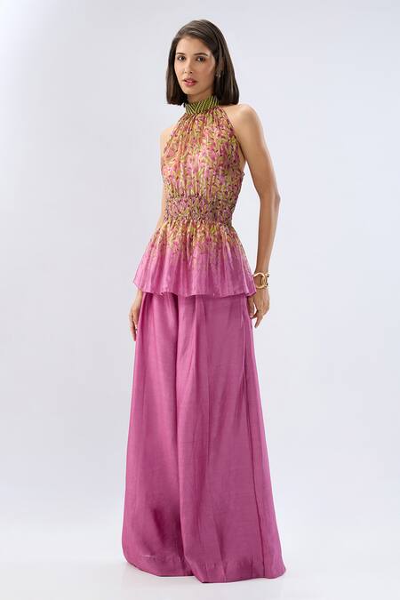 Buy_Raw & Rustic By Niti Bothra_Pink Organza, Tencel, Silk Beads, Floral Print Peplum Top And Flared Pant Set 