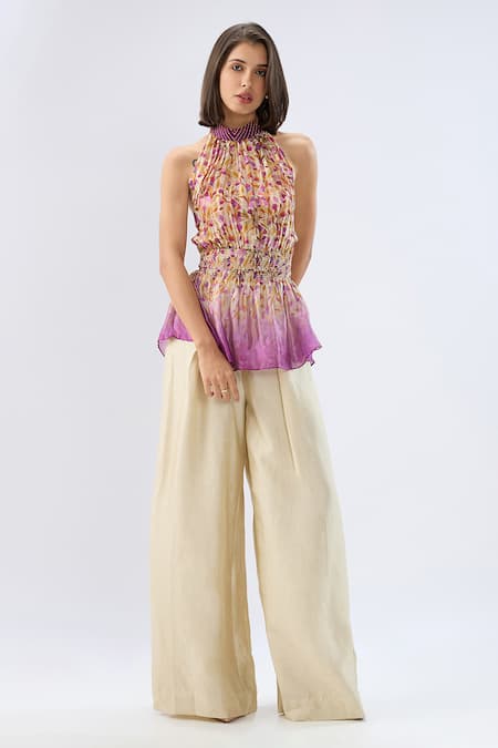 Raw & Rustic By Niti Bothra Ivory Floral Print Peplum Top & Pant Set 