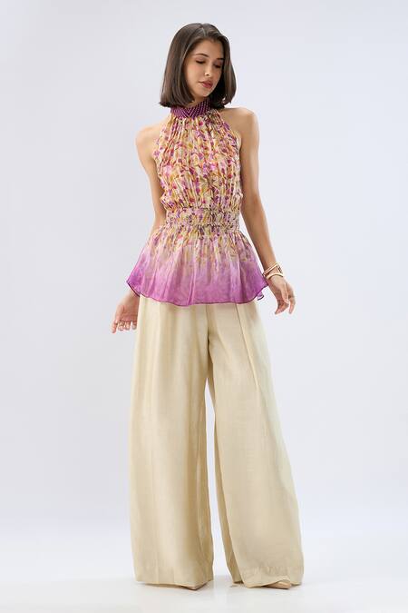 Raw & Rustic By Niti Bothra_Multi Color Organza, Silk, Tencel Beads Ivory Floral Print Peplum Top And Pant Set _Online_at_Aza_Fashions