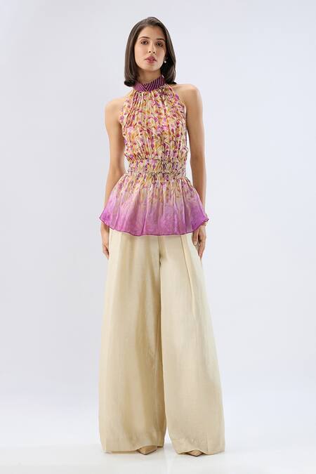Buy_Raw & Rustic By Niti Bothra_Multi Color Organza, Silk, Tencel Beads Ivory Floral Print Peplum Top And Pant Set _Online_at_Aza_Fashions