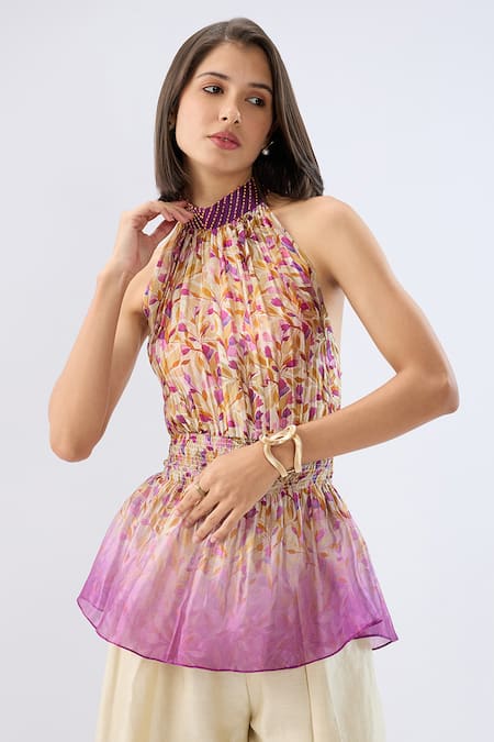 Shop_Raw & Rustic By Niti Bothra_Multi Color Organza, Silk, Tencel Beads Ivory Floral Print Peplum Top And Pant Set _Online_at_Aza_Fashions