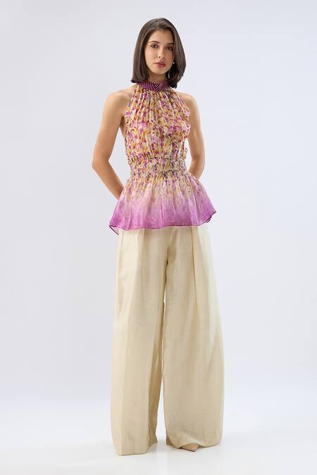 Raw & Rustic By Niti Bothra_Multi Color Organza, Silk, Tencel Beads Ivory Floral Print Peplum Top And Pant Set _at_Aza_Fashions