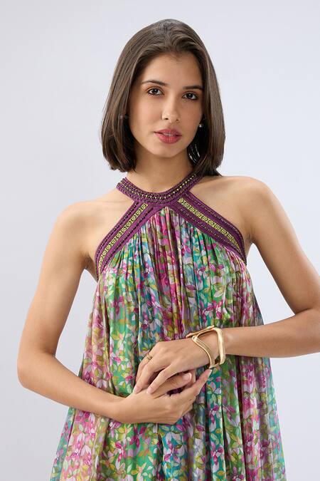 Raw & Rustic By Niti Bothra_Green Organza Beads Halter Neck Multicolor Printed Dress _Online_at_Aza_Fashions