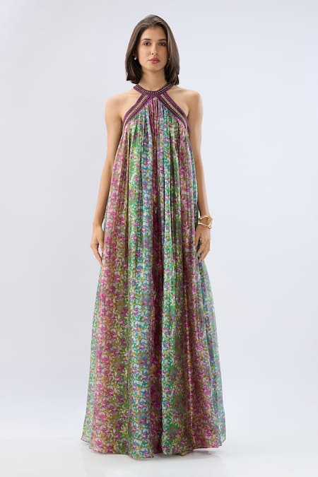 Buy_Raw & Rustic By Niti Bothra_Green Organza Beads Halter Neck Multicolor Printed Dress _Online_at_Aza_Fashions
