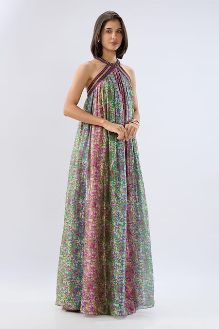 Shop_Raw & Rustic By Niti Bothra_Green Organza Beads Halter Neck Multicolor Printed Dress _Online_at_Aza_Fashions