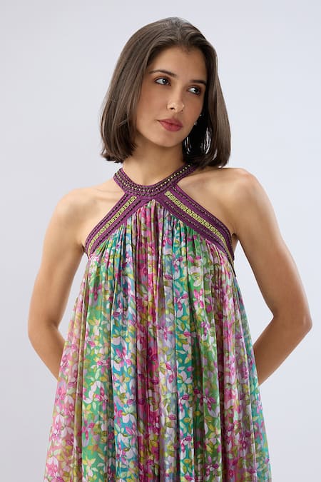 Raw & Rustic By Niti Bothra_Green Organza Beads Halter Neck Multicolor Printed Dress _at_Aza_Fashions
