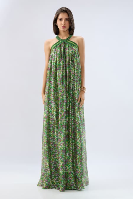 Raw & Rustic By Niti Bothra_Green Organza Beads, Embroidery Halter Neck Dark Printed Dress _Online_at_Aza_Fashions