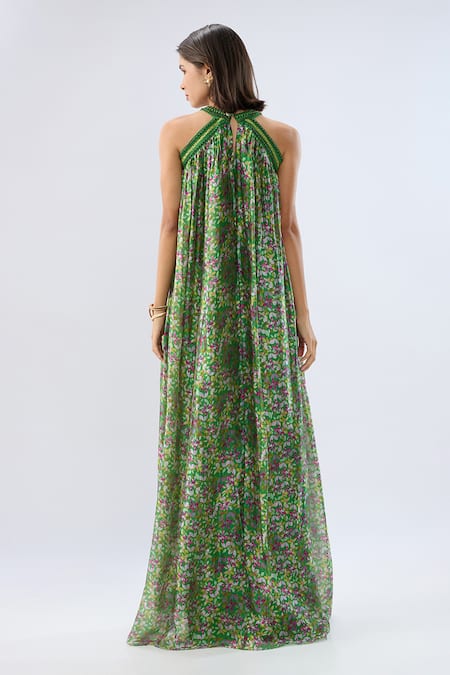Raw & Rustic By Niti Bothra Dark Green Halter Neck Printed Dress 