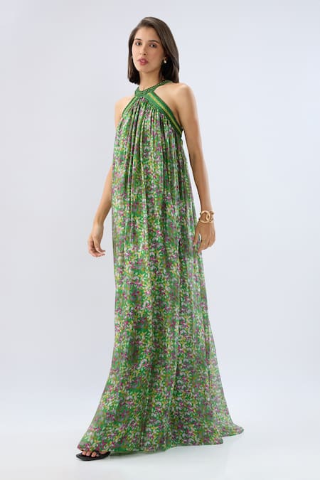 Buy_Raw & Rustic By Niti Bothra_Green Organza Beads, Embroidery Halter Neck Dark Printed Dress _Online_at_Aza_Fashions
