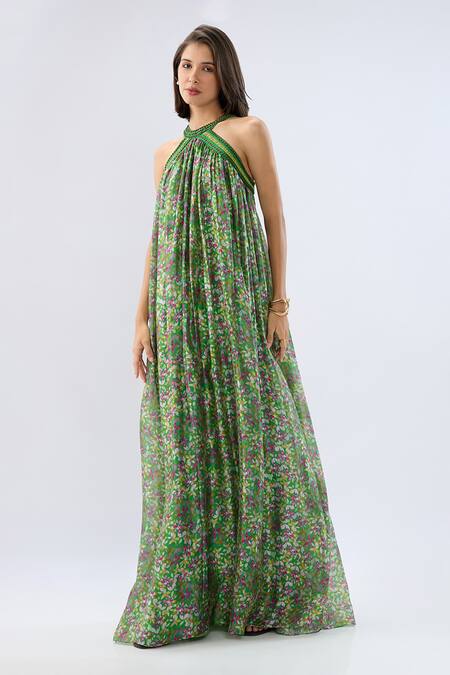 Shop_Raw & Rustic By Niti Bothra_Green Organza Beads, Embroidery Halter Neck Dark Printed Dress _Online_at_Aza_Fashions