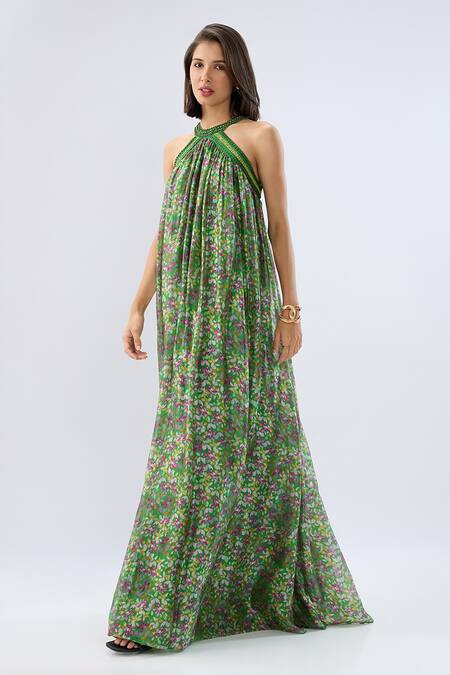 Raw & Rustic By Niti Bothra_Green Organza Beads, Embroidery Halter Neck Dark Printed Dress _at_Aza_Fashions