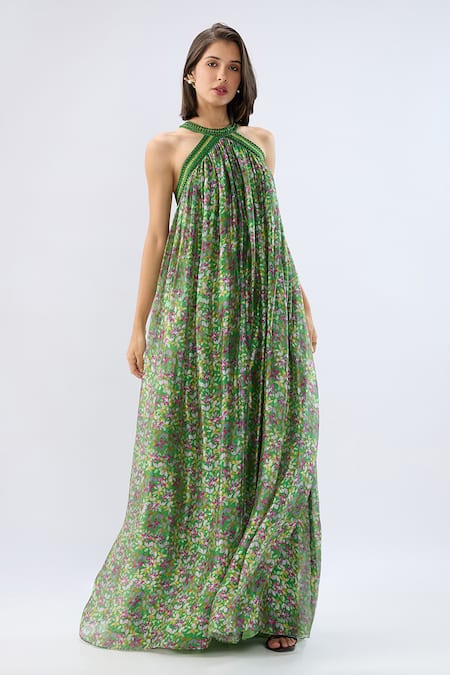 Raw & Rustic By Niti Bothra Dark Green Halter Neck Printed Dress 
