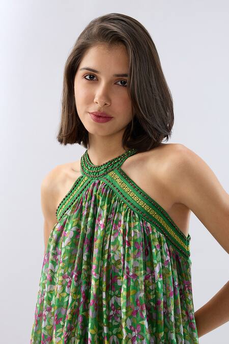 Buy_Raw & Rustic By Niti Bothra_Green Organza Beads, Embroidery Halter Neck Dark Printed Dress 