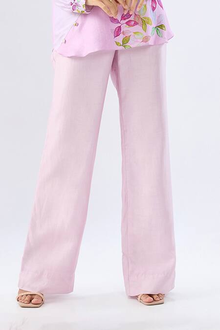 Raw & Rustic By Niti Bothra_Pink Tencel V-neck, Collared Periwinkle Floral Print Top With Pant _Online_at_Aza_Fashions