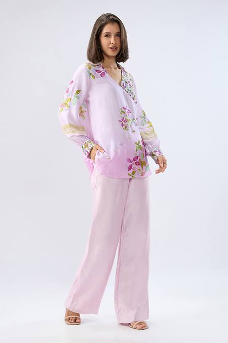 Buy_Raw & Rustic By Niti Bothra_Pink Tencel V-neck, Collared Periwinkle Floral Print Top With Pant _Online_at_Aza_Fashions