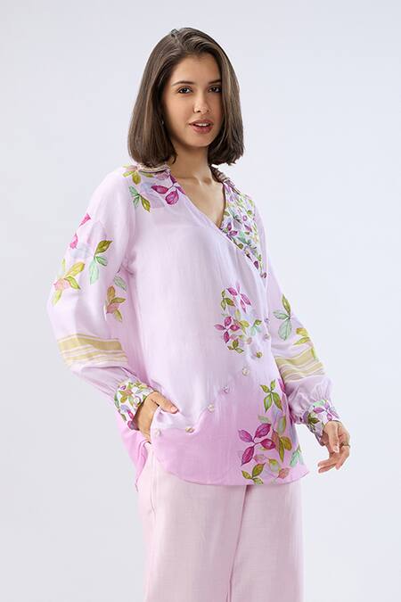 Shop_Raw & Rustic By Niti Bothra_Pink Tencel V-neck, Collared Periwinkle Floral Print Top With Pant _Online_at_Aza_Fashions