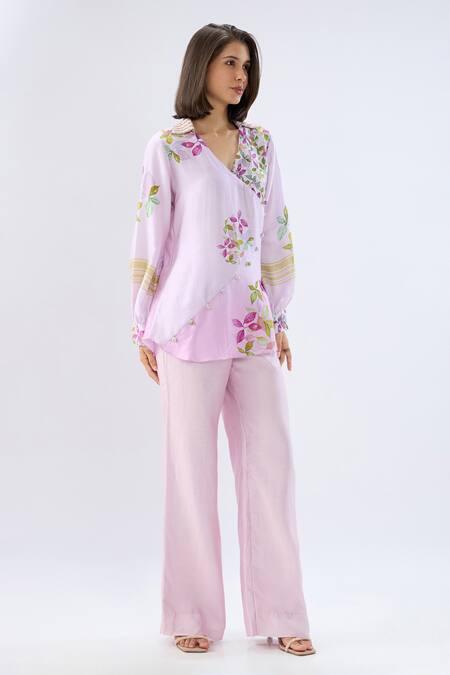 Raw & Rustic By Niti Bothra_Pink Tencel V-neck, Collared Periwinkle Floral Print Top With Pant _at_Aza_Fashions