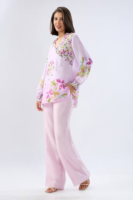 Buy_Raw & Rustic By Niti Bothra_Pink Tencel V-neck, Collared Periwinkle Floral Print Top With Pant 