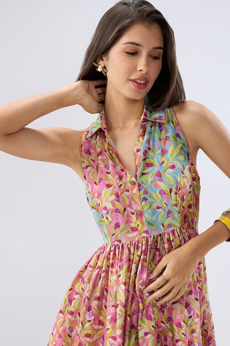 Raw & Rustic By Niti Bothra_Pink Tencel, Silk Collared Multicolor Sleeveless Floral Print Dress _at_Aza_Fashions
